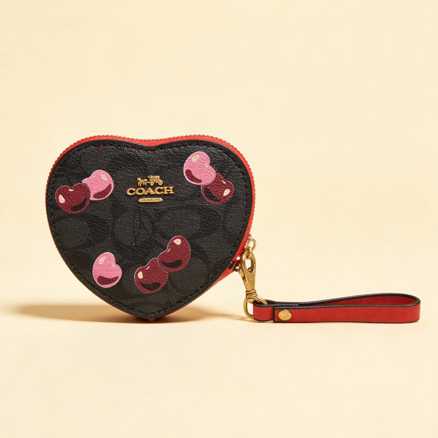 Monedero Coach corazón cerezas lona negro