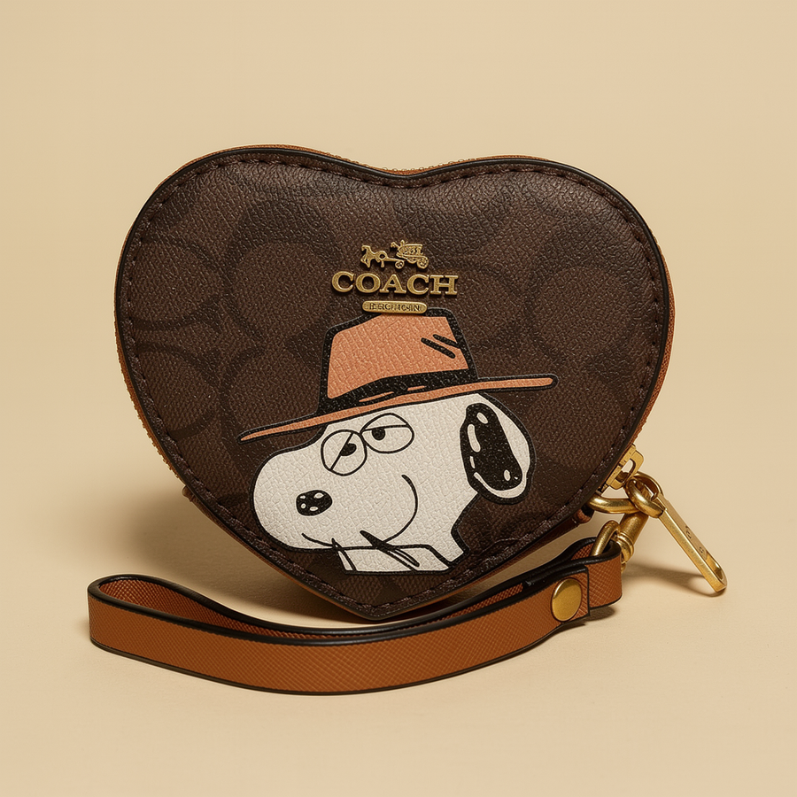 Monedero estilo Coach con estampado Snoopy en lona marrón
