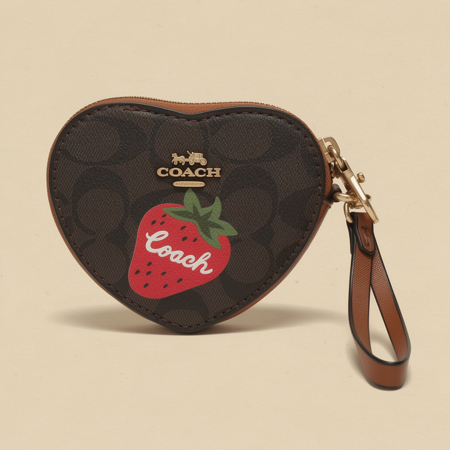 Monedero estilo Coach con fresa en lona marrón