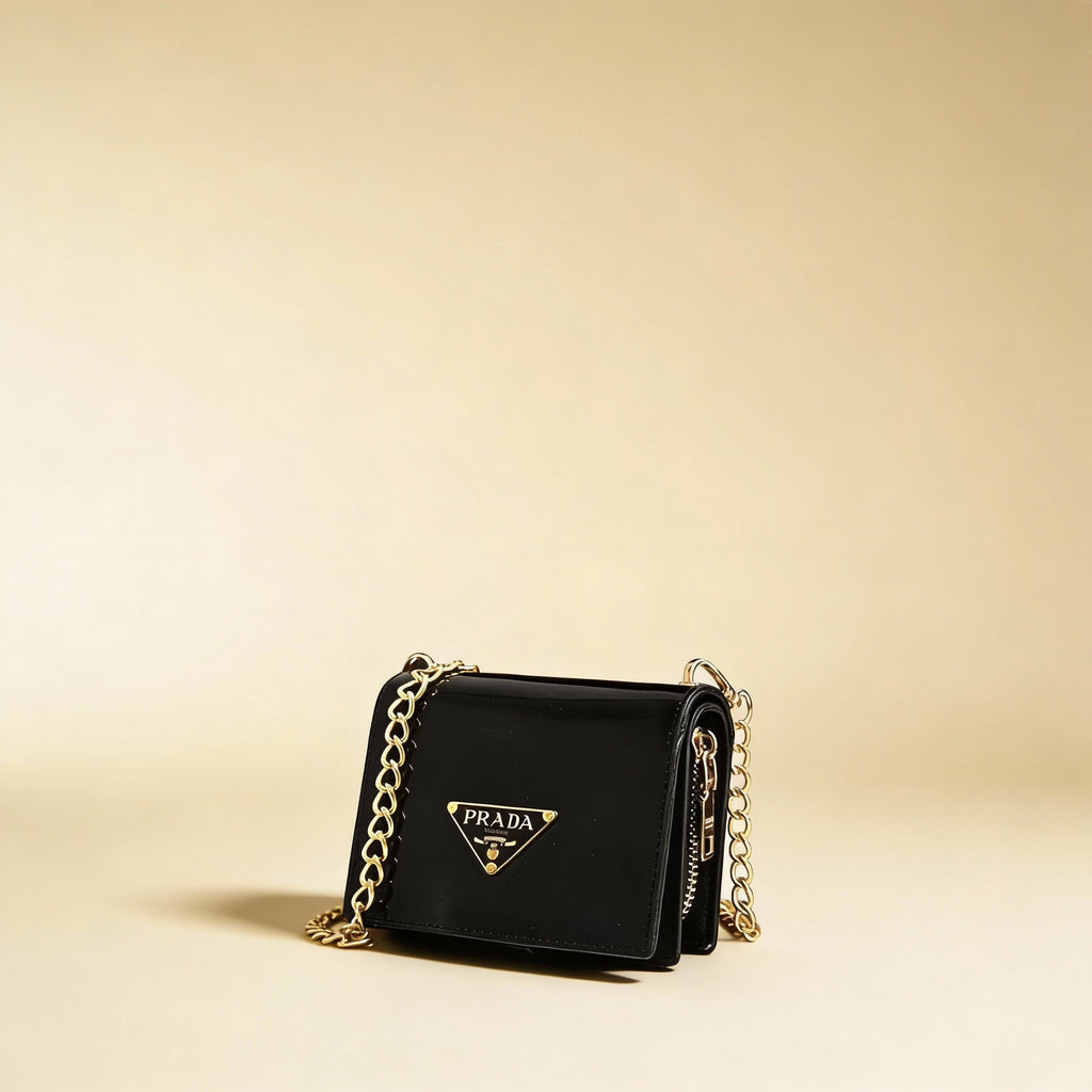 Prada-style Shiny Black Wallet with Gold Chain