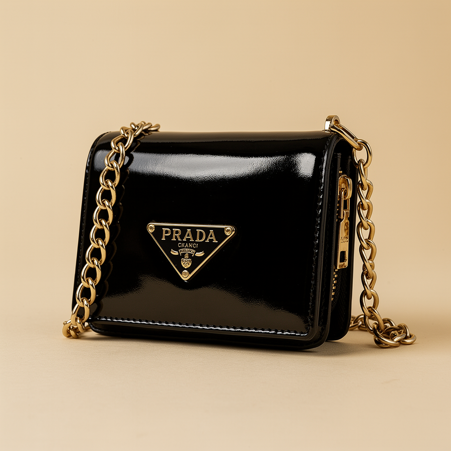 Monedero tipo Prada Negro Brillante con Cadena Oro